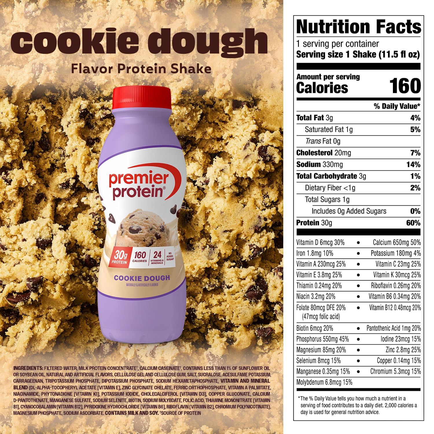 Premier Protein etiqueta nutricional Cookie Dough con 30 g proteína y vitaminas
