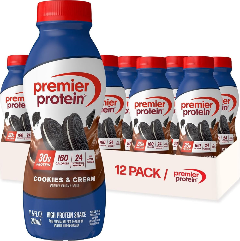 Premier Protein botella frontal pack de 12 mostrando etiqueta y sabor Cookies & Cream