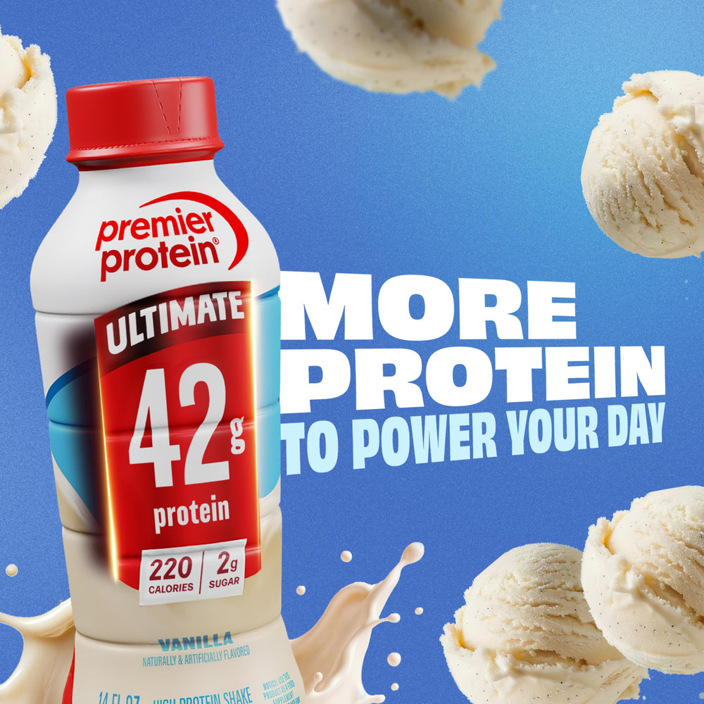 Premier Protein etiqueta nutricional enfocada en 42 g de proteína y bajo azúcar