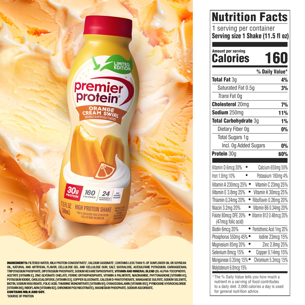 Premier Protein etiqueta nutricional destacando 30 g de proteína por porción