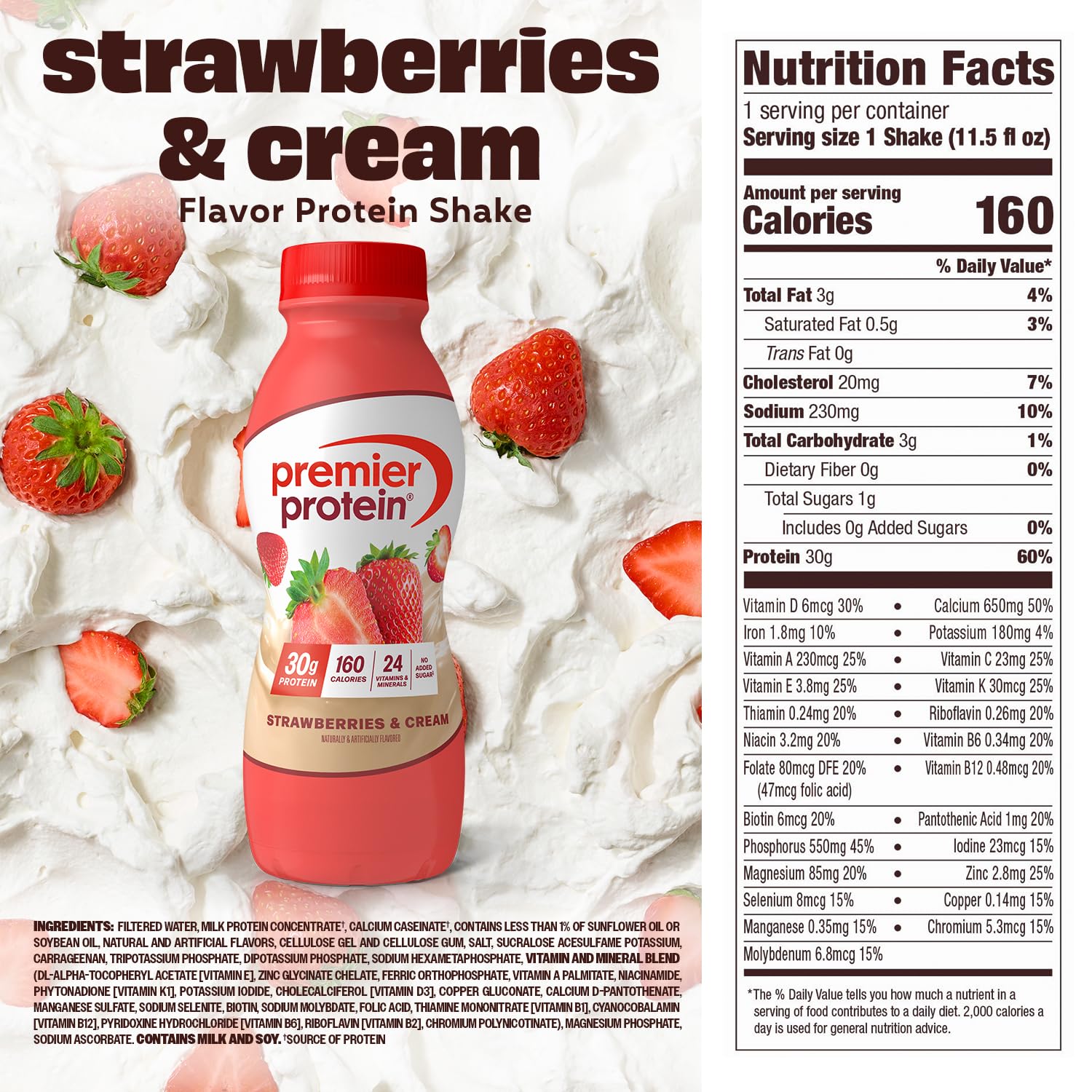 Premier Protein etiqueta nutricional clara, 30g proteína y 1g azúcar