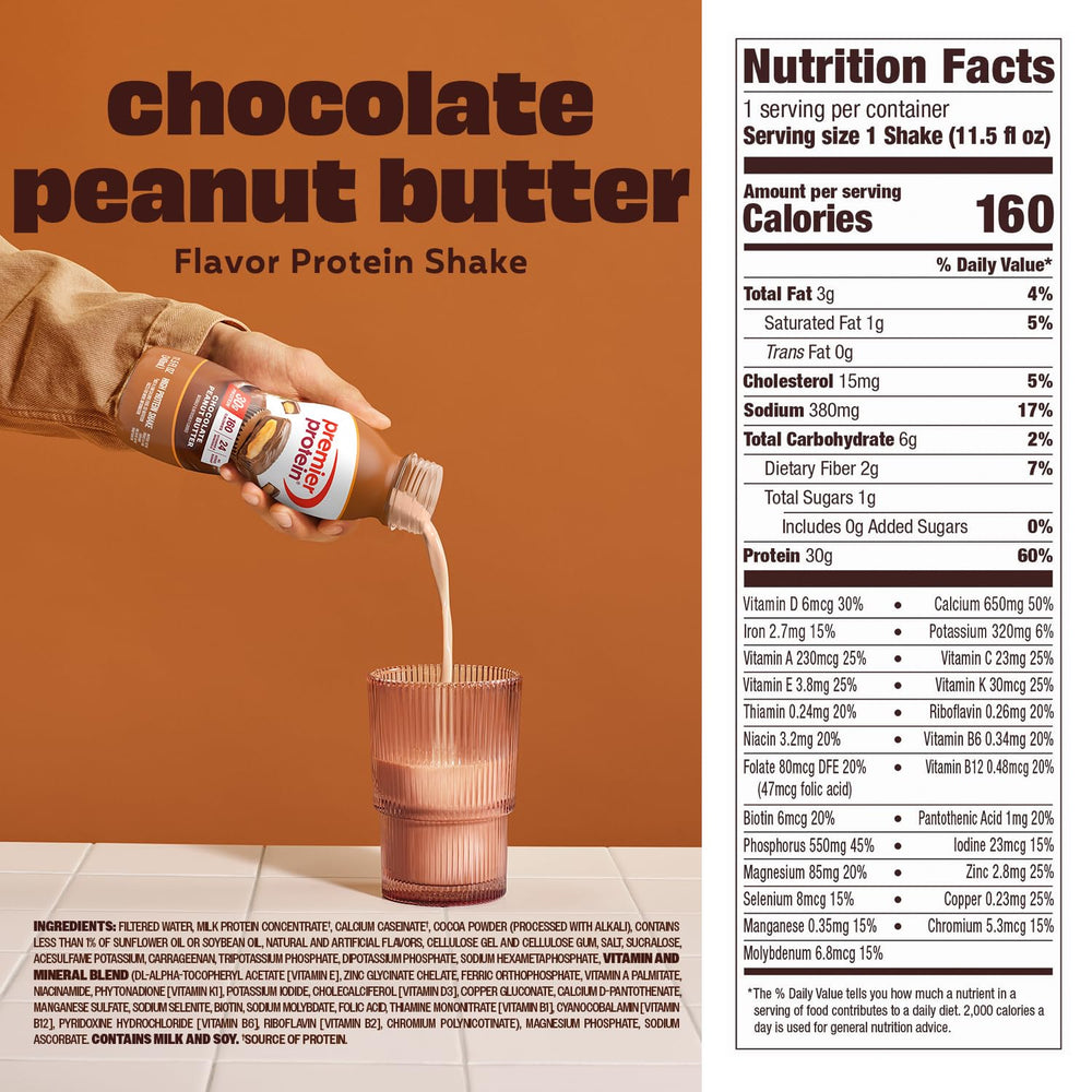 Premier Protein etiqueta nutricional visible con información de proteínas y vitaminas