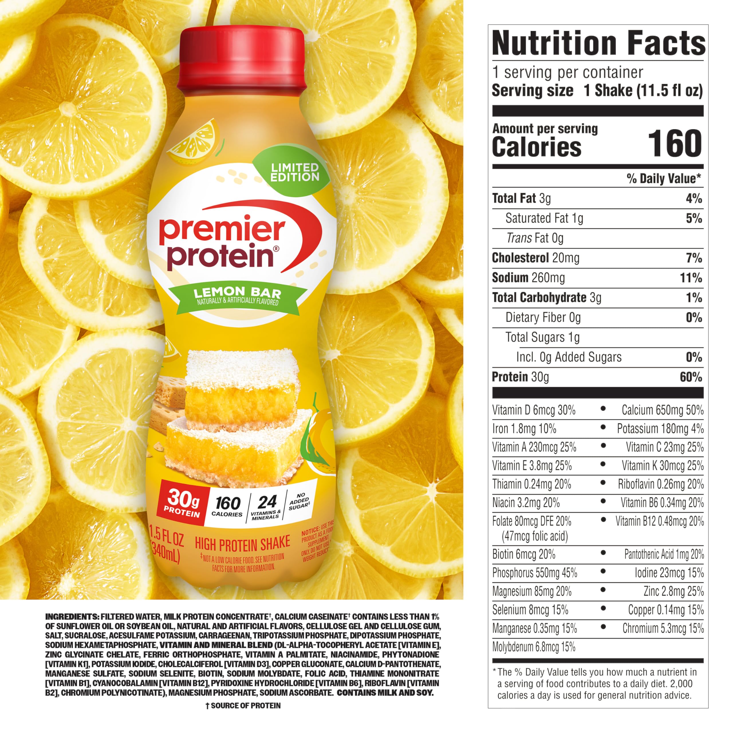 Premier Protein etiqueta nutricional Lemon Bar que destaca 30 g de proteína