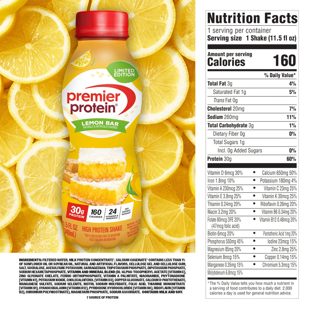 Premier Protein etiqueta nutricional Lemon Bar que destaca 30 g de proteína