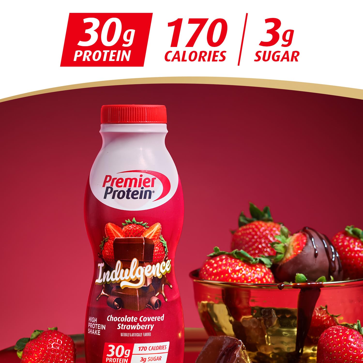 Premier Protein etiqueta nutricional destacando 30 g de proteína y vitaminas
