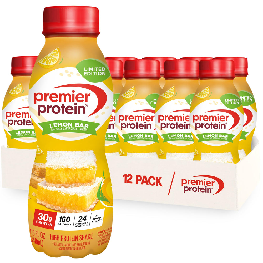 Premier Protein botella frontal Lemon Bar mostrando diseño y practicidad