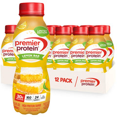 Premier Protein botella frontal Lemon Bar mostrando diseño y practicidad