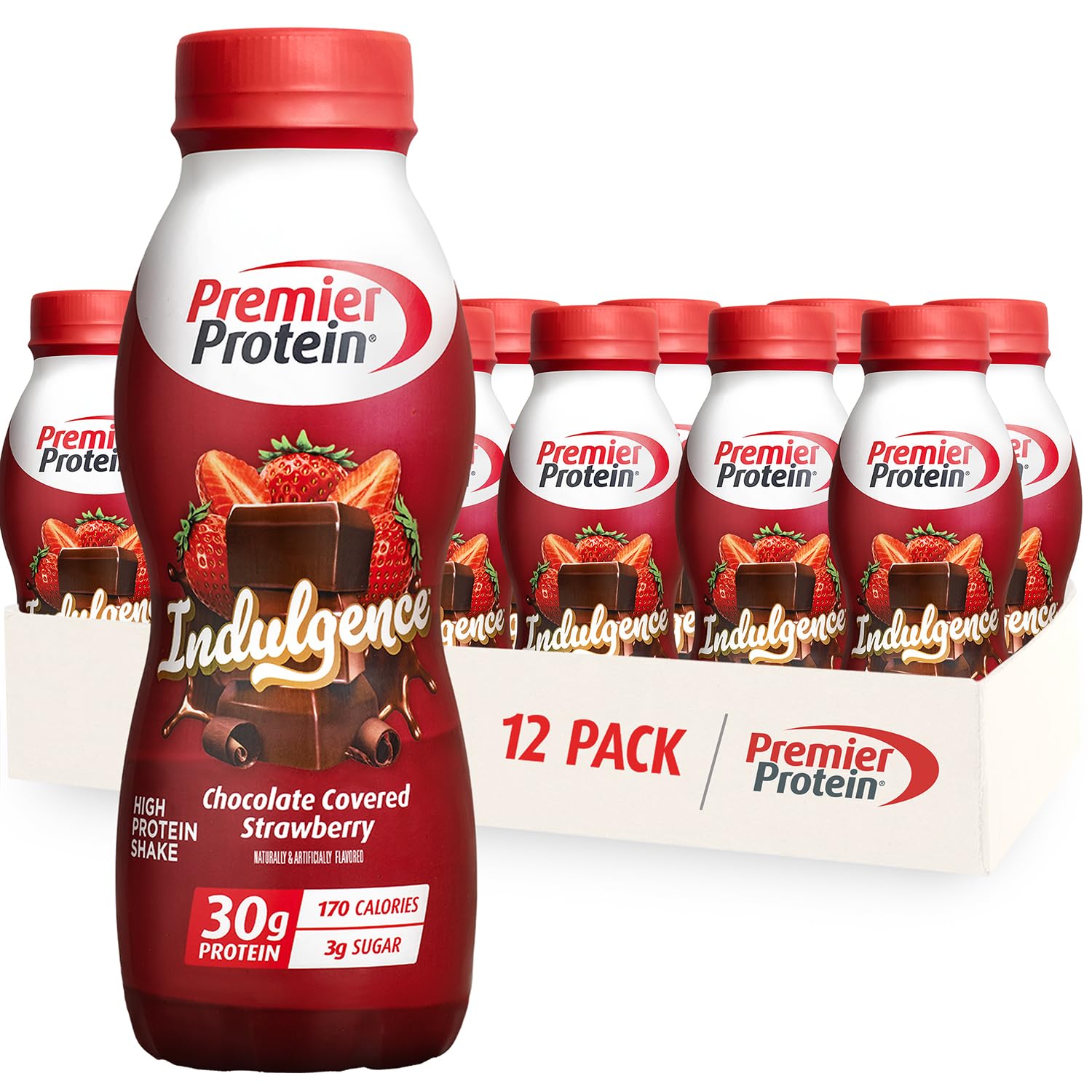 Premier Protein vista frontal del envase mostrando diseño y sabor indulgence