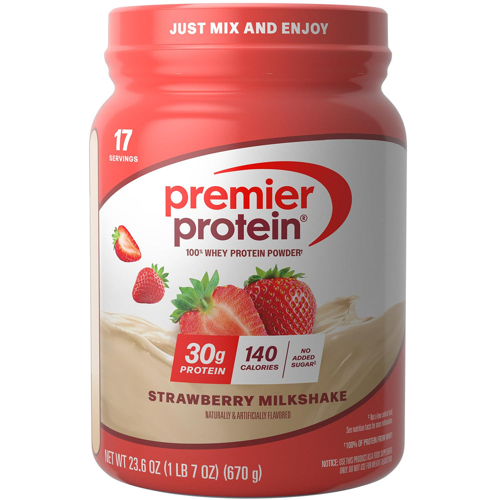 Premier Protein envase frontal de fresa mostrando diseño y porciones