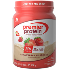 Premier Protein envase frontal de fresa mostrando diseño y porciones