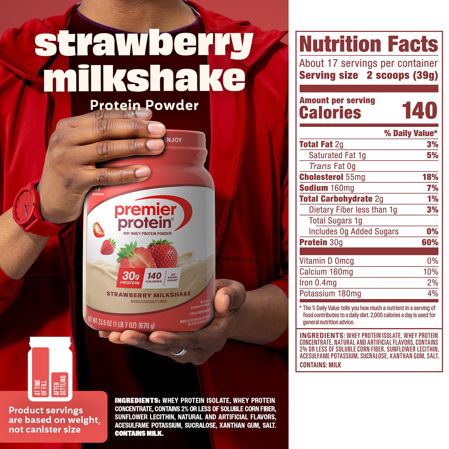 Premier Protein batido de fresa en vaso listo para beber, aporte proteico