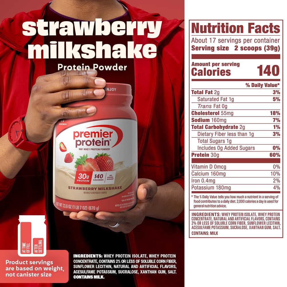 Premier Protein batido de fresa en vaso listo para beber, aporte proteico