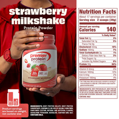 Premier Protein batido de fresa en vaso listo para beber, aporte proteico