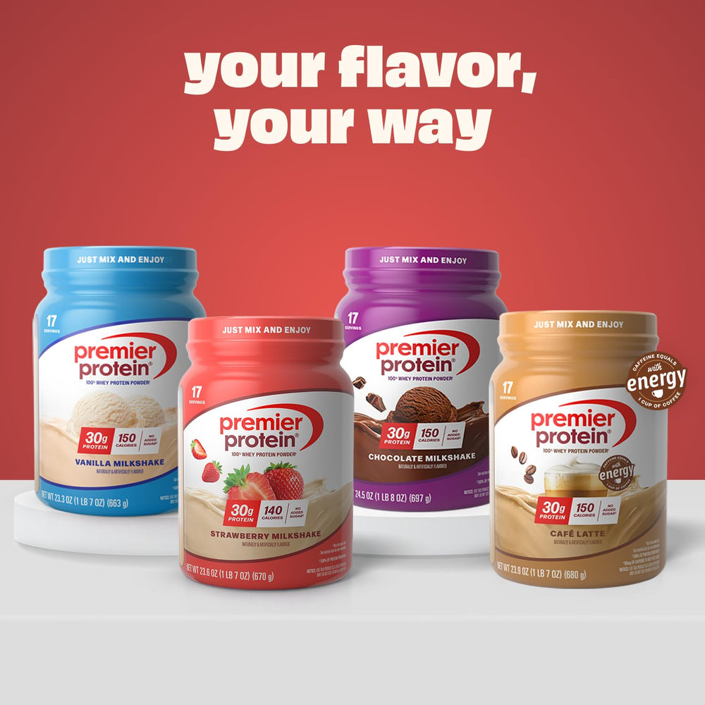 Premier Protein envase junto a frutas para comparar tamaño y servings