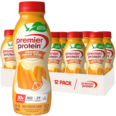 Premier Protein botella frontal Orange Cream Swirl mostrando diseño y conveniencia