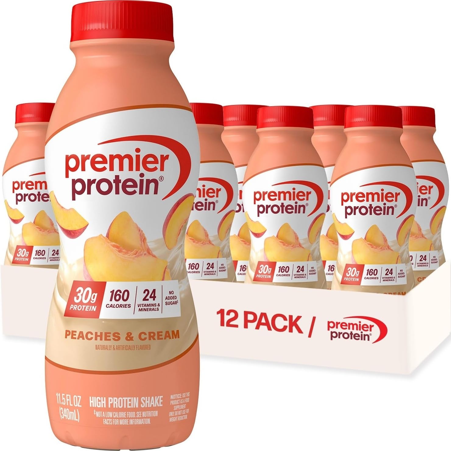 Premier Protein botella frontal Peaches & Cream muestra presentación y conveniencia