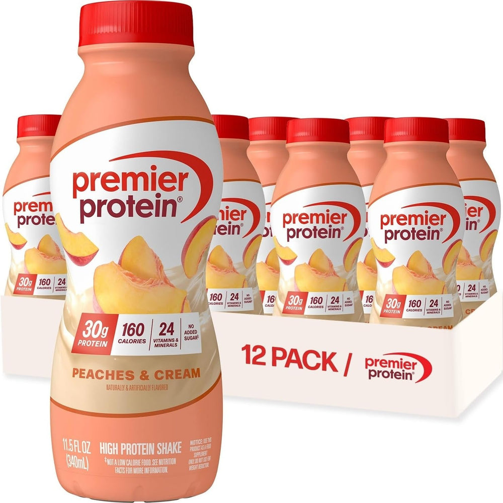 Premier Protein botella frontal Peaches & Cream muestra presentación y conveniencia