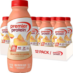 Premier Protein botella frontal Peaches & Cream muestra presentación y conveniencia