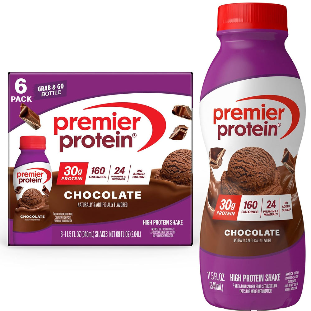 Premier Protein vista frontal del pack de 6 botellas, opción práctica y sabrosa