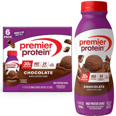 Premier Protein vista frontal del pack de 6 botellas, opción práctica y sabrosa
