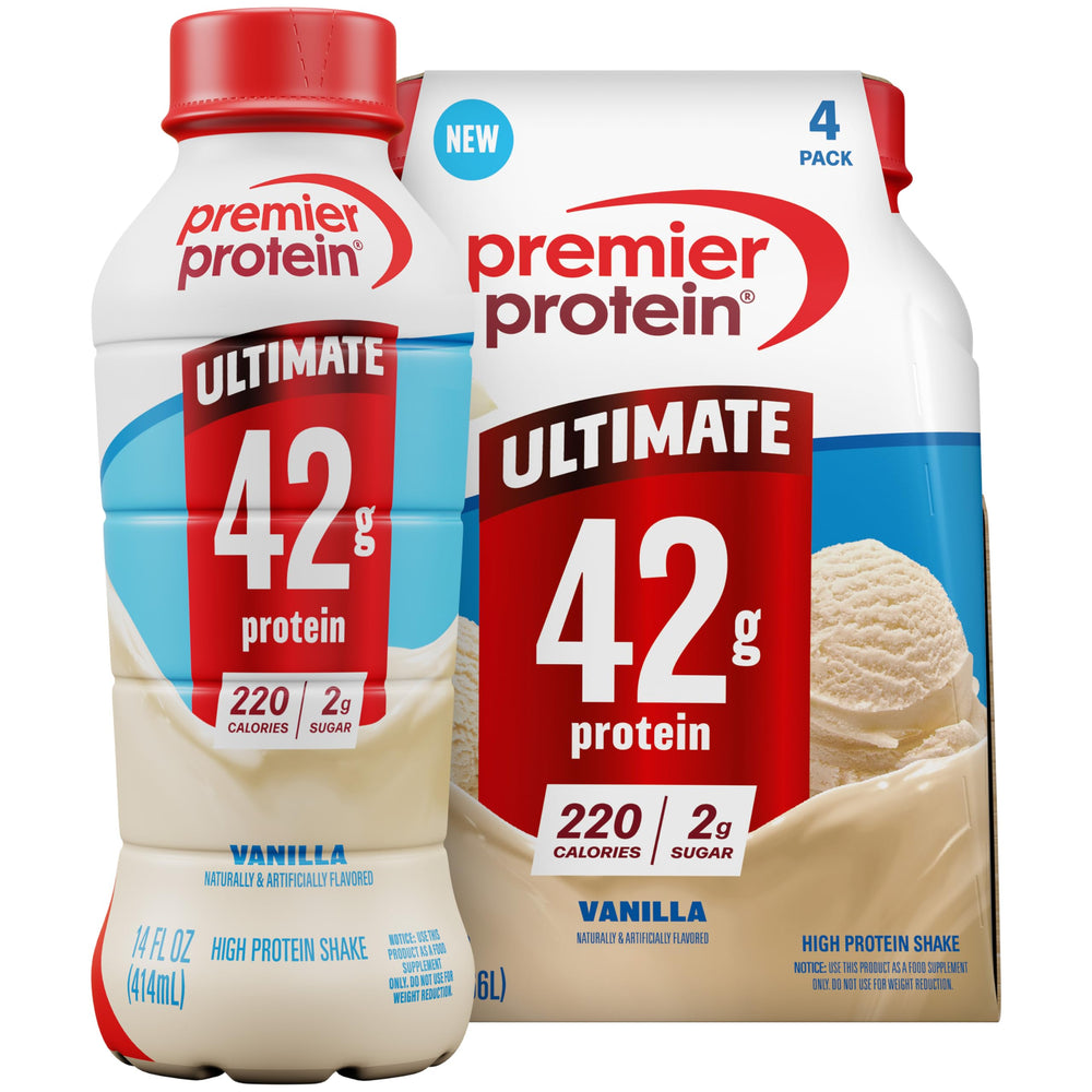 Premier Protein frontal del pack Vainilla mostrando envase listo para beber y conveniencia