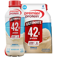 Premier Protein frontal del pack Vainilla mostrando envase listo para beber y conveniencia