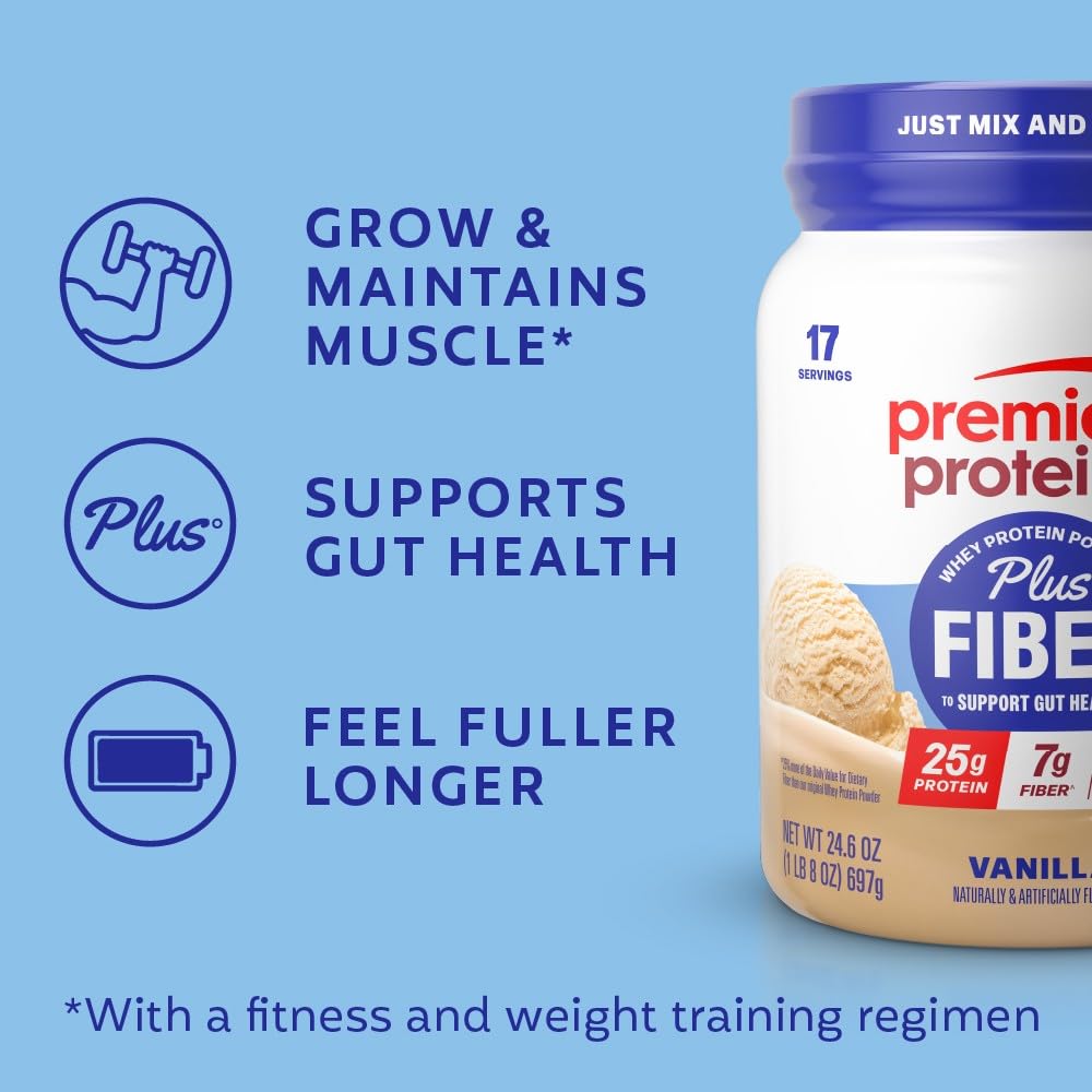 Premier Protein ingredientes en mesa destacando proteína y prebióticos