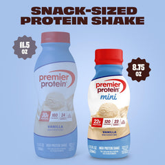 Premier Protein mini botella en mano para comparar tamaño y portabilidad