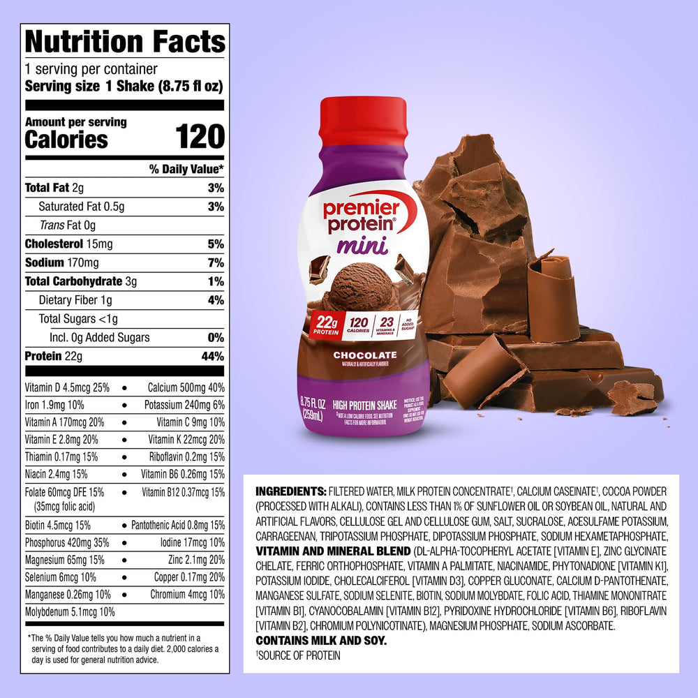 Premier Protein MINIs botella en mano para comparar tamaño y portabilidad