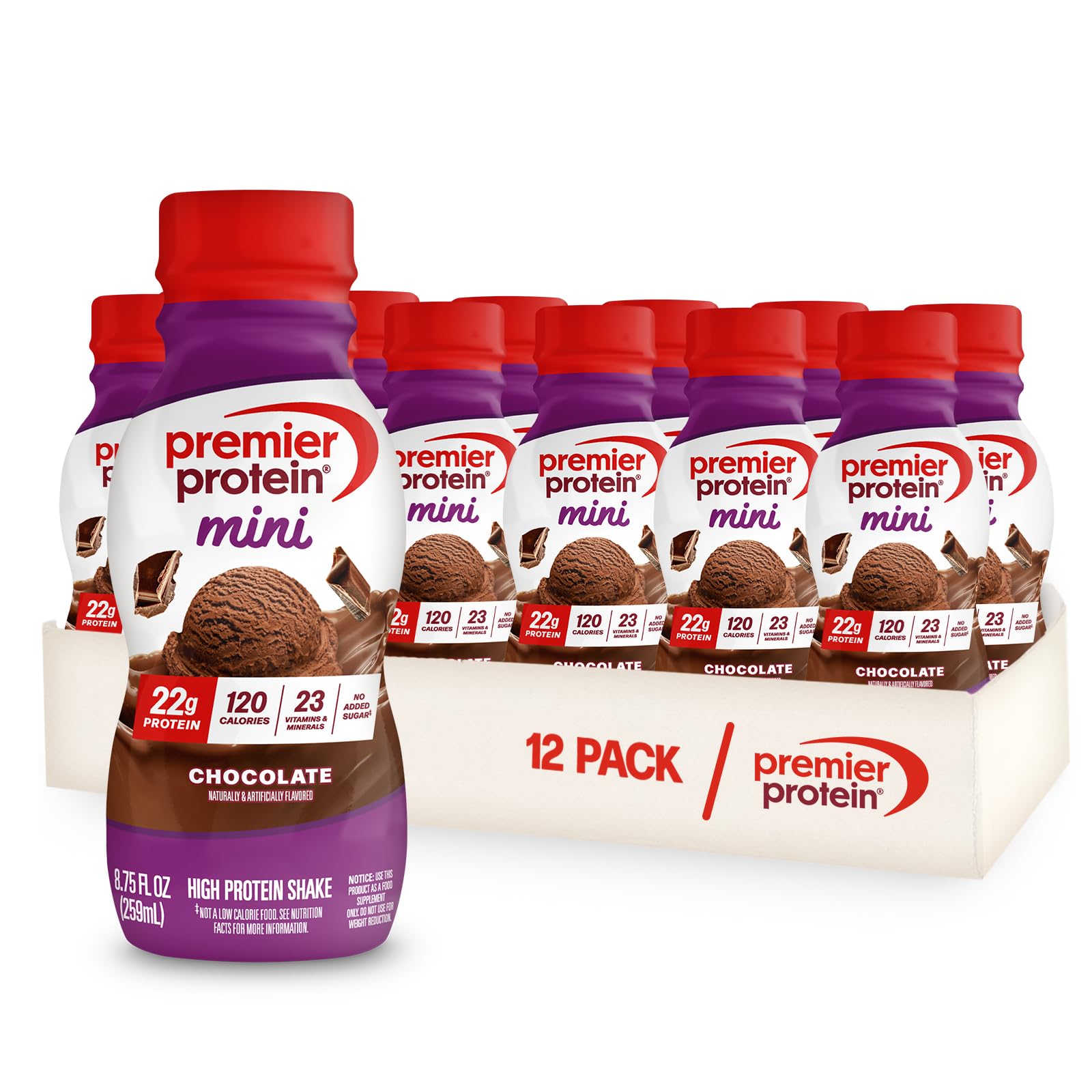 Premier Protein MINIs frente del envase mostrando 22 g proteína y sabor chocolate