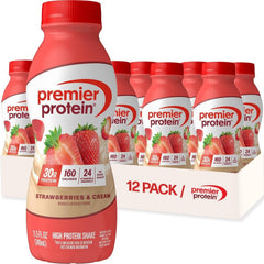 Premier Protein pack frontal Fresas & Crema mostrando conveniencia y sabor
