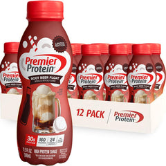 Premier Protein botella frontal Root Beer Float mostrando envase y beneficios prácticos