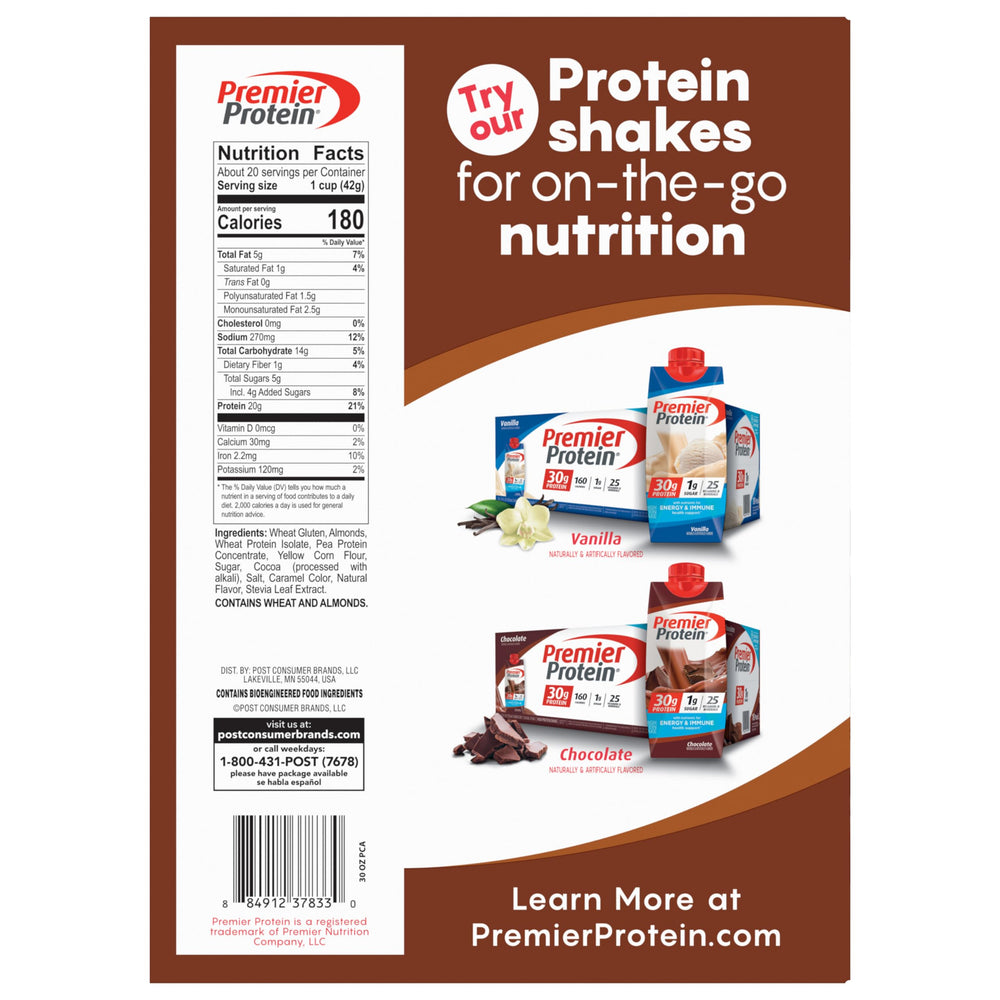 Premier Protein caja de 30 oz junto a objetos cotidianos para comparar tamaño y rendimiento