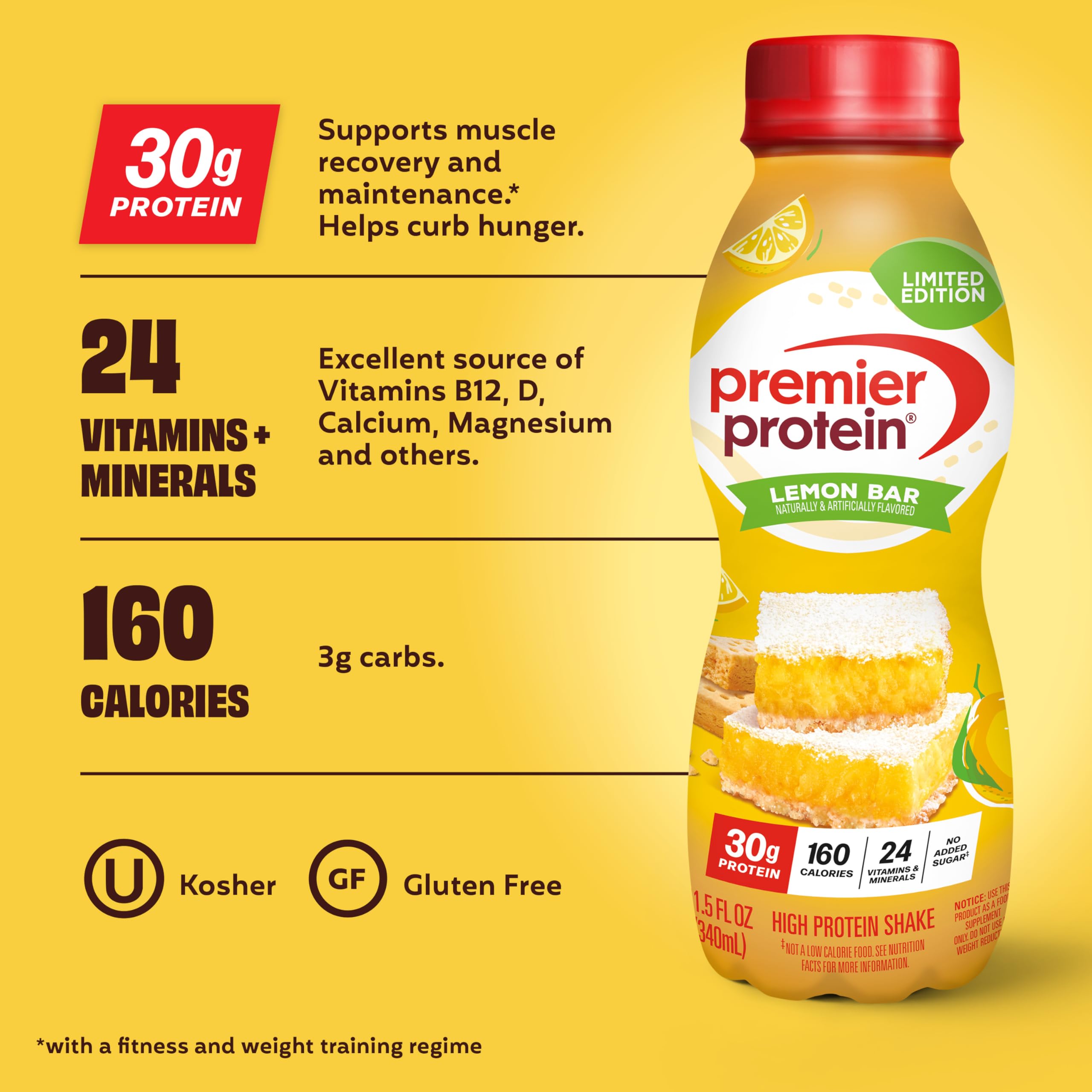 Premier Protein primer plano de textura cremosa Lemon Bar, sensación refrescante
