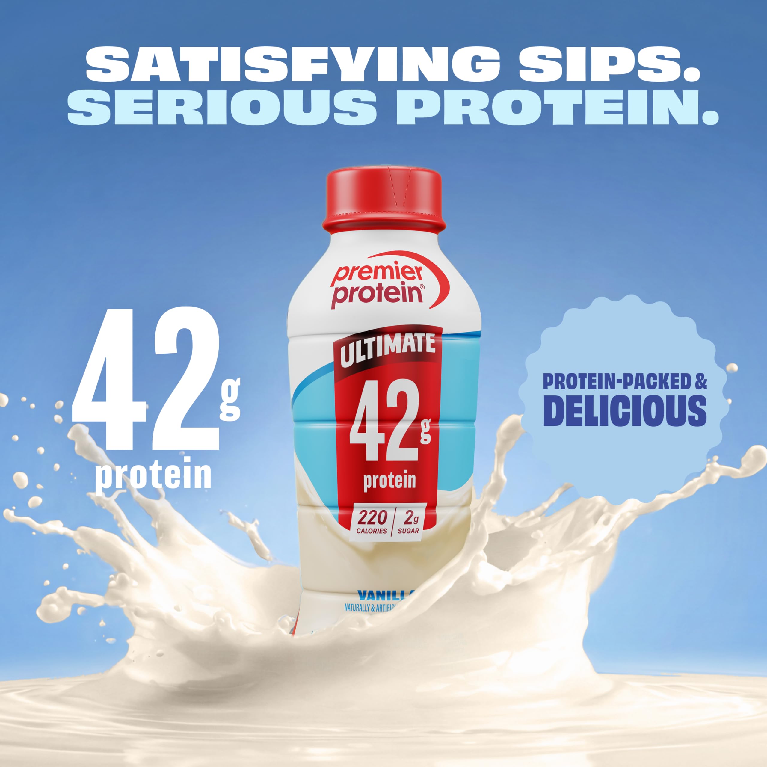 Premier Protein vertido cremoso demostrando textura y sabor tipo batido