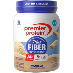 Premier Protein envase frontal mostrando información de proteína y fibra