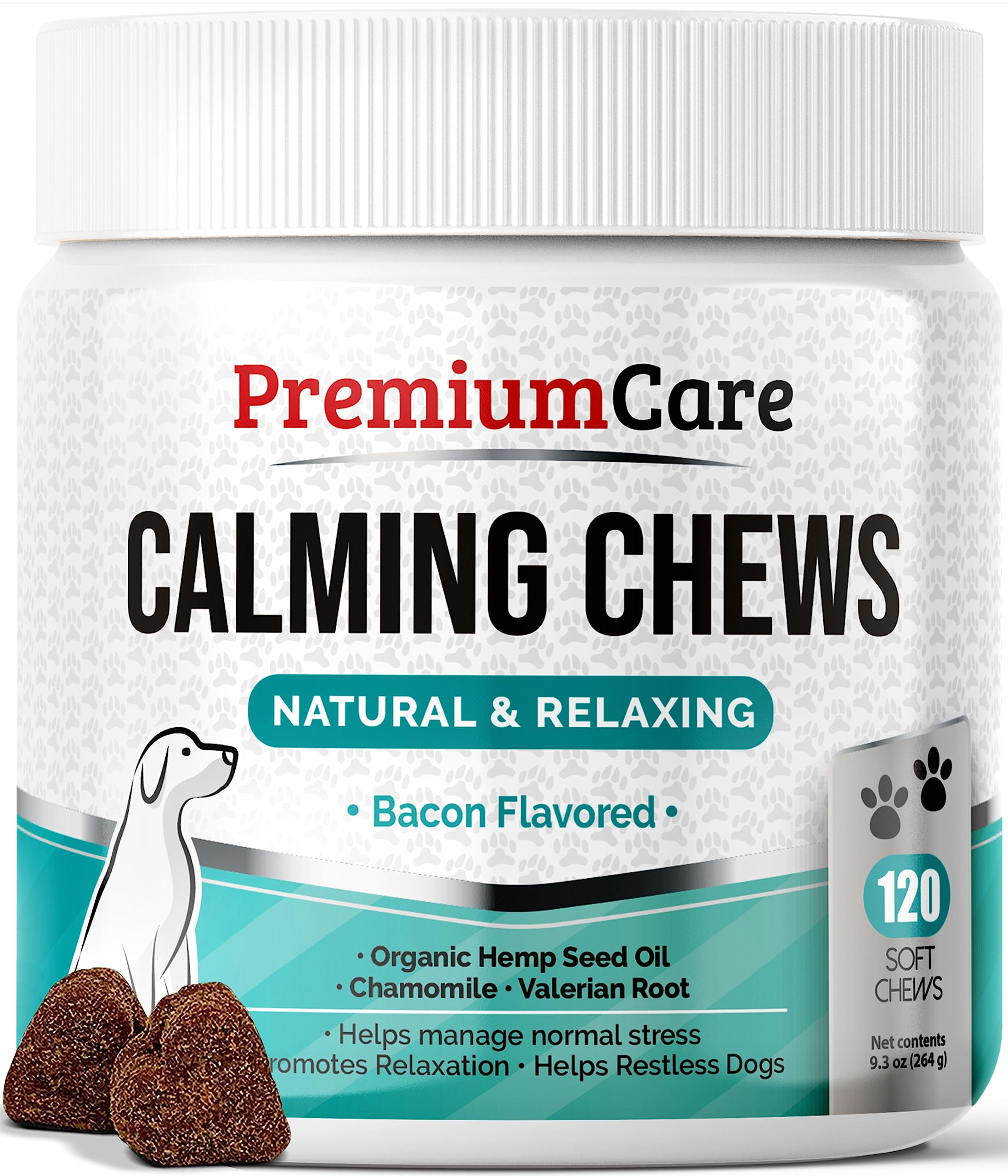 PREMIUM CARE envase frontal mostrando 120 mordiscos y beneficio calmante