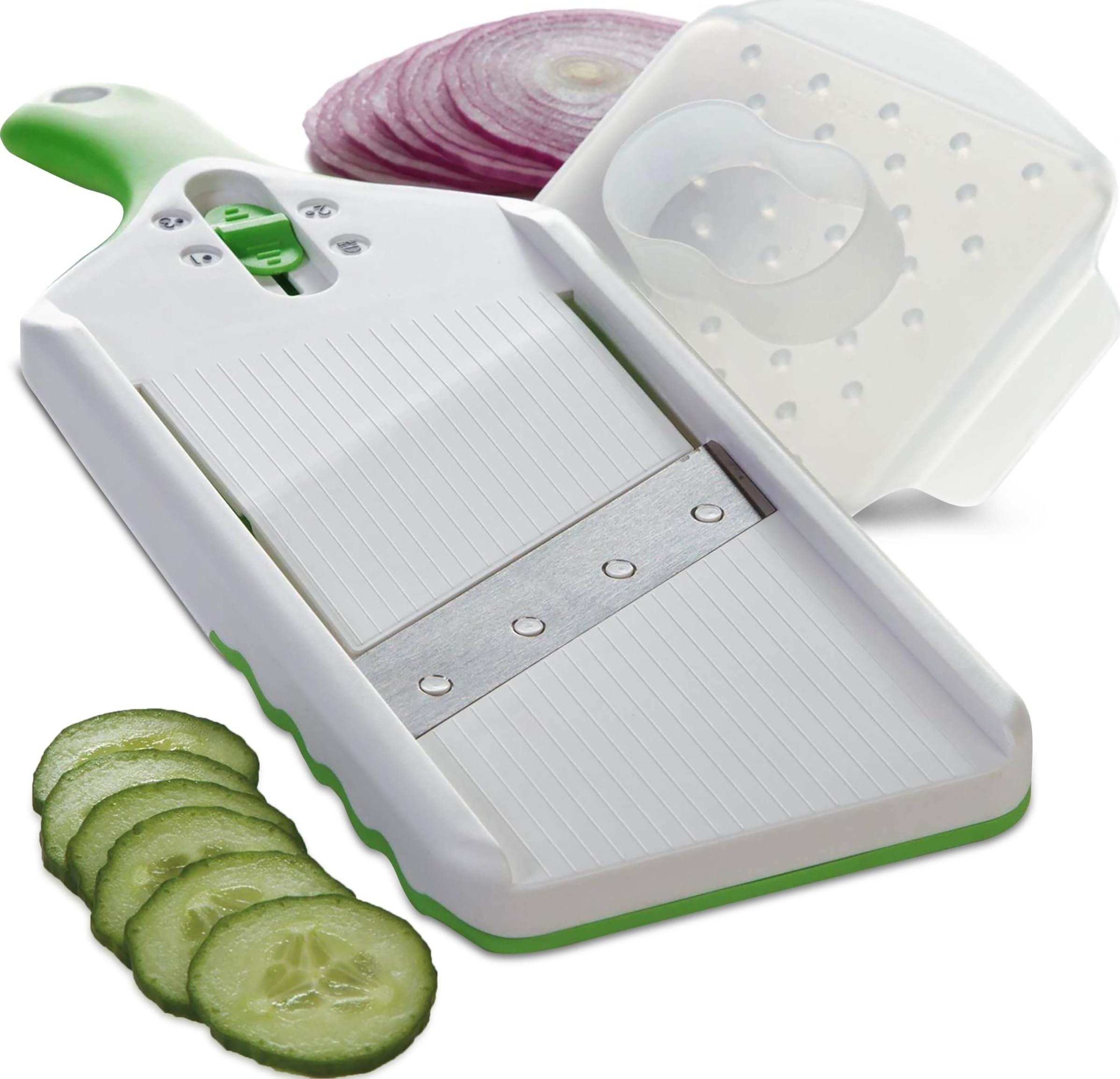 PrepSolutions Adjust-A-Slice vista frontal mostrando el cuerpo compacto y color verde, facilita almacenamiento