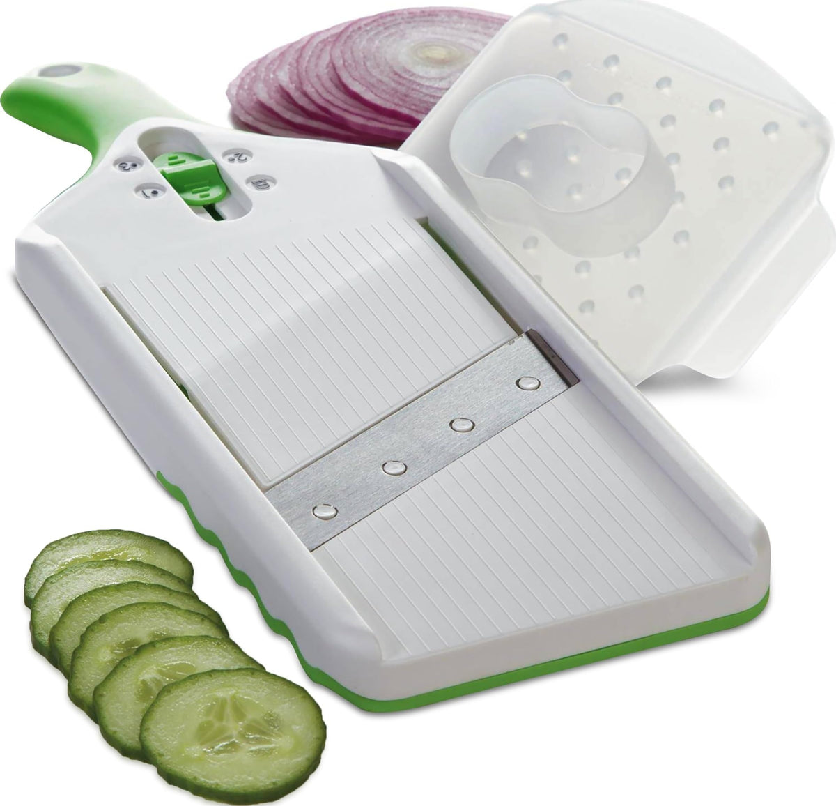 PrepSolutions Adjust-A-Slice vista frontal mostrando el cuerpo compacto y color verde, facilita almacenamiento