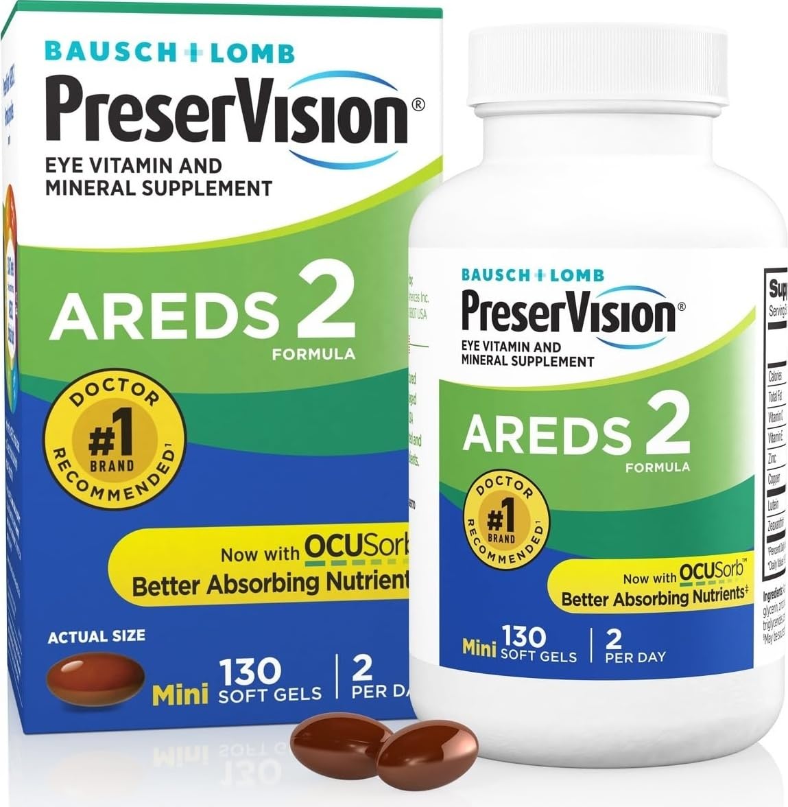 PreserVision envase frontal mostrando AREDS2 y cantidad 130 cápsulas, confianza de marca