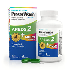 PreserVision empaque frontal mostrando 80 cápsulas y conveniencia 2 en 1