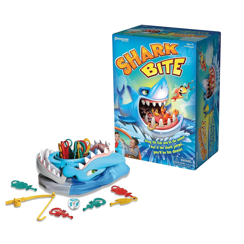 Pressman emballaje frontal del juego Shark Bite mostrando contenidos y beneficios