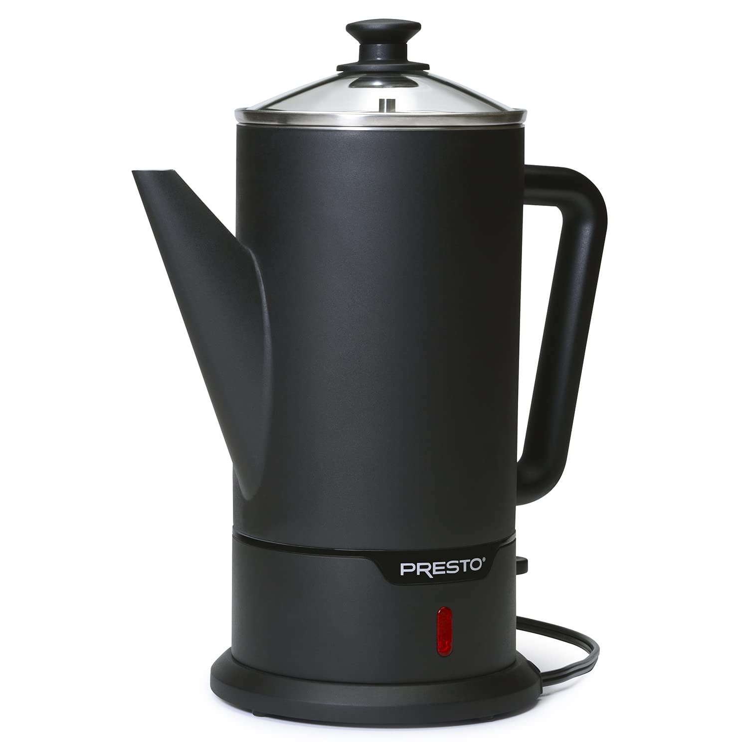 Presto front view of matte-black stainless percolator showing sleek design and quick brewing benefit