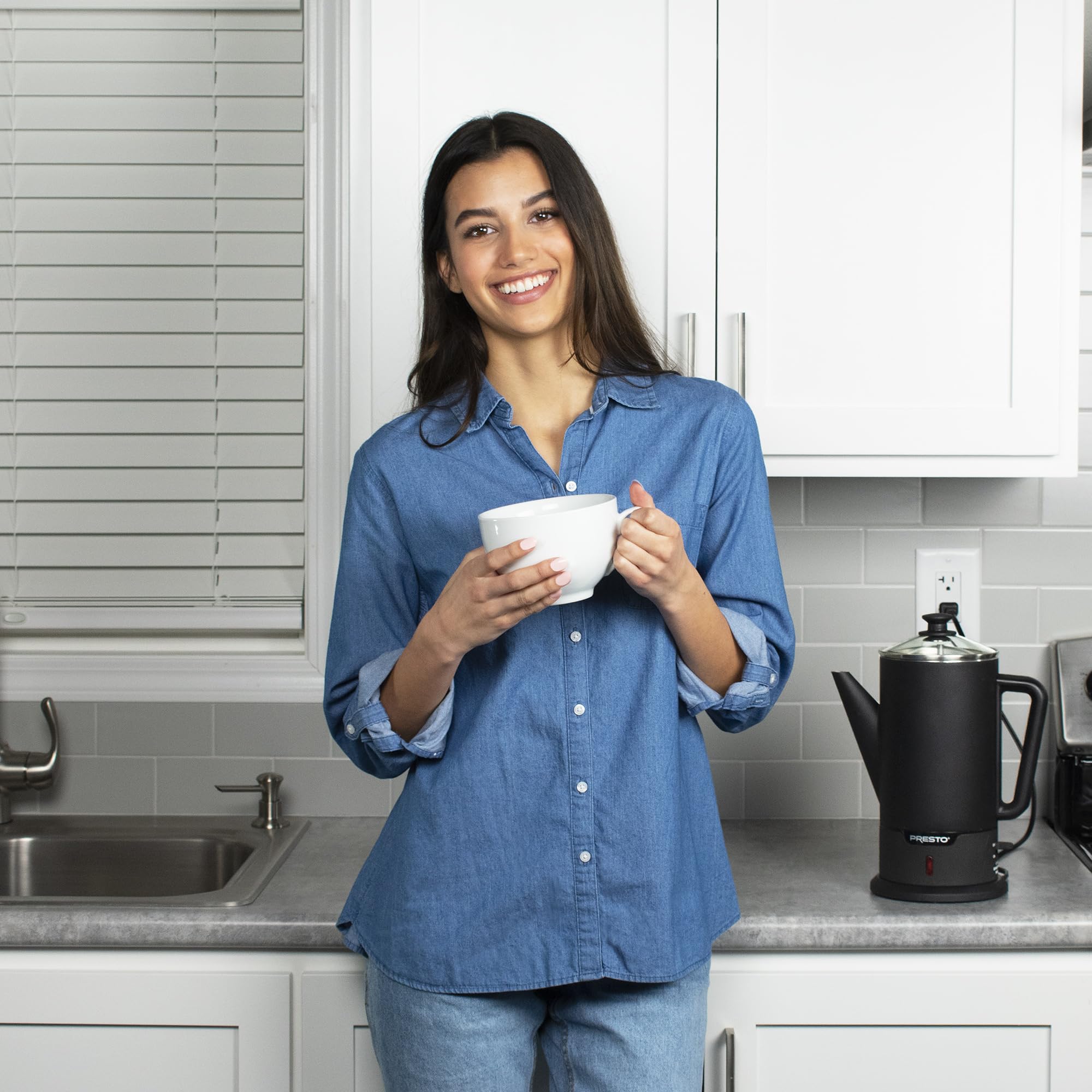 Presto on a kitchen counter with cups showing entertaining-ready performance and style benefit