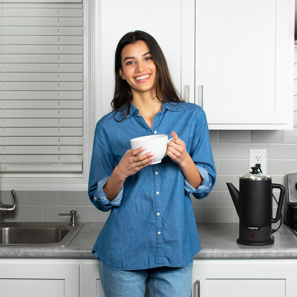 Presto on a kitchen counter with cups showing entertaining-ready performance and style benefit