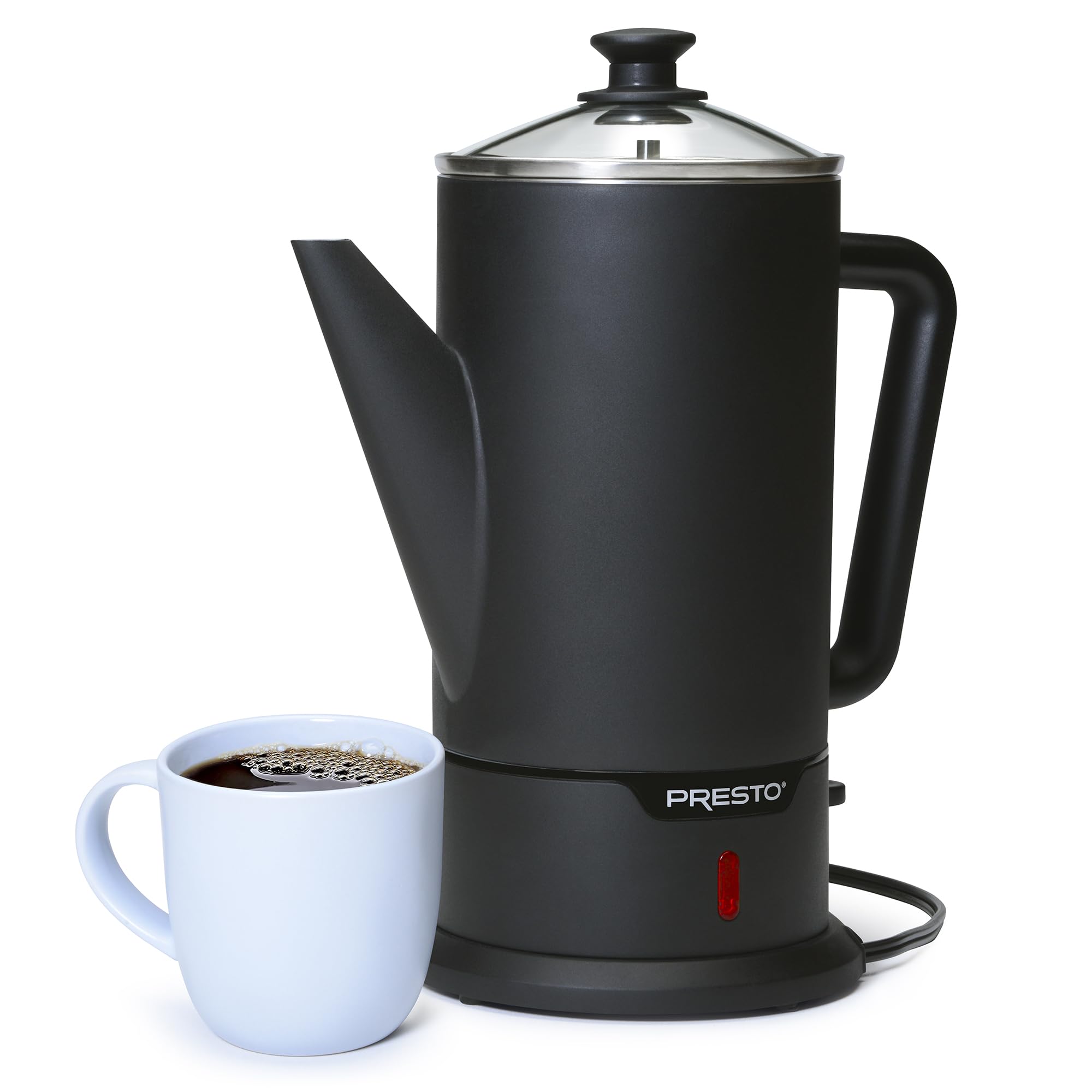 Presto next to a mug for scale showing compact footprint and capacity clarity benefit