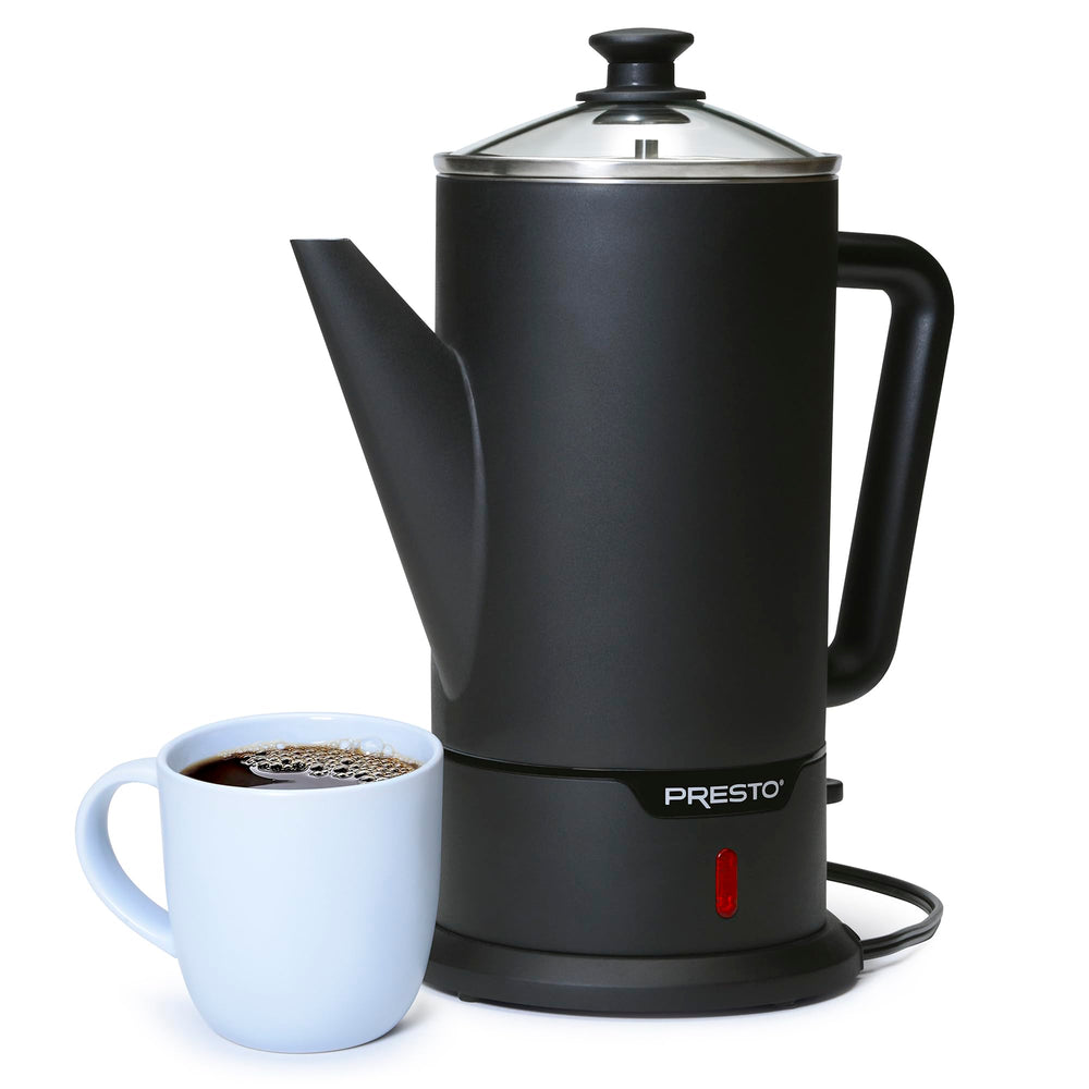 Presto next to a mug for scale showing compact footprint and capacity clarity benefit