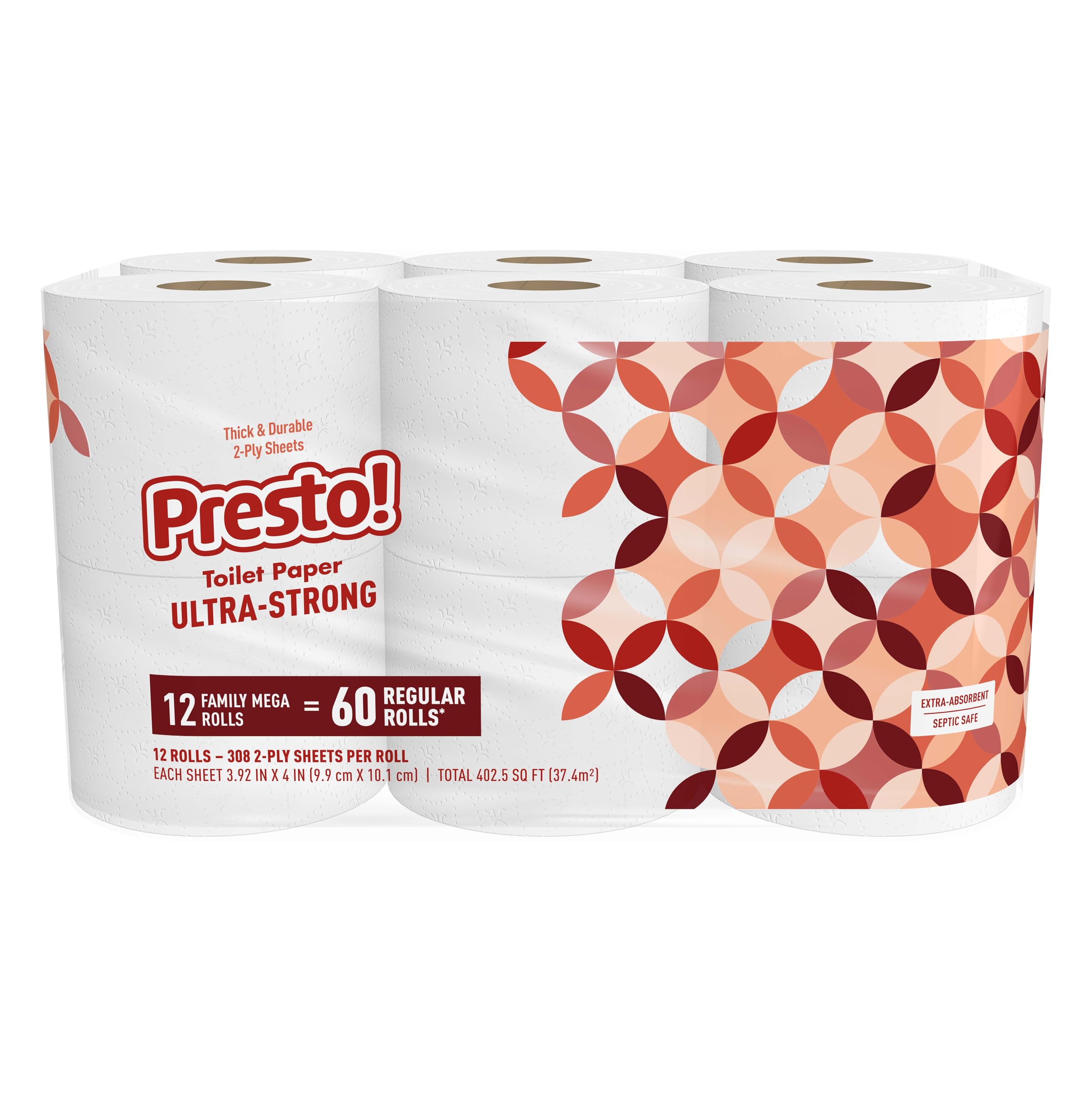 Presto! empaque frontal mostrando 12 mega rollos y ahorro