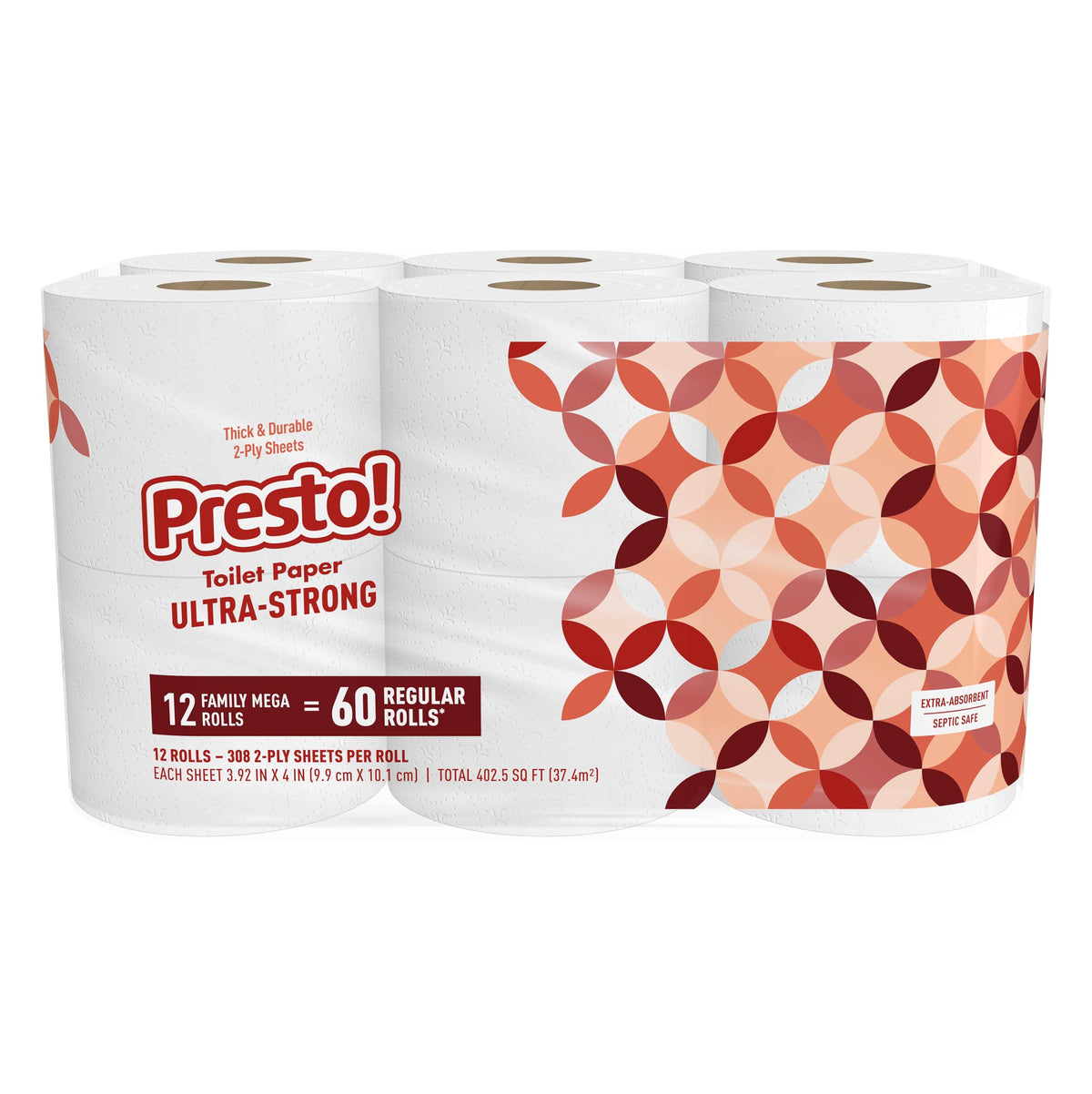 Presto! empaque frontal mostrando 12 mega rollos y ahorro