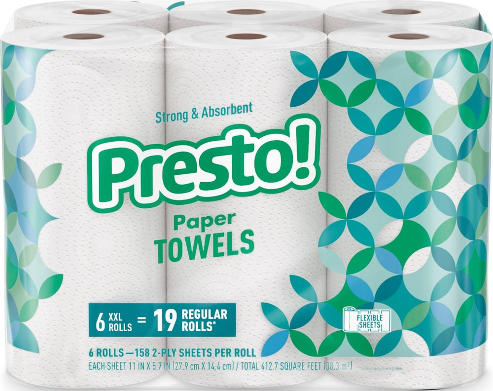 Presto! rollo frontal mostrando etiqueta y beneficio de absorción extra